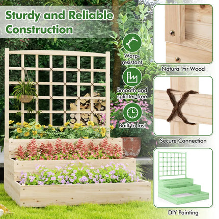 3-Tier Raised Garden Bed with Lattice Trellis and Open-Ended Base-Natural - Natural - Raised Garden Beds
