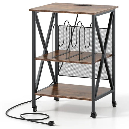 3-Tier Record Player Stand with Charging Station and Adjustable Shelf-Coffee Costway