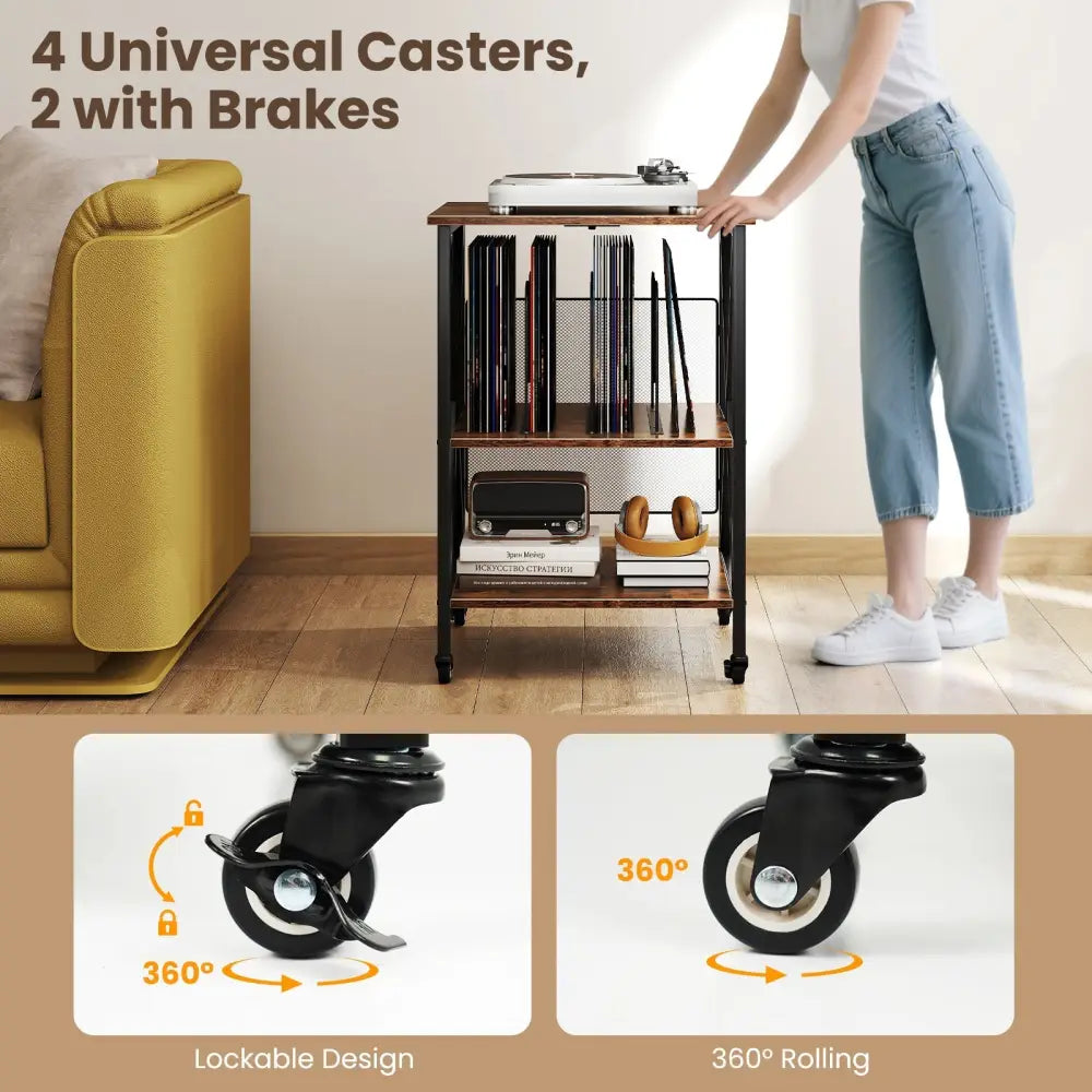 3-Tier Record Player Stand with Charging Station and Adjustable Shelf-Coffee Costway