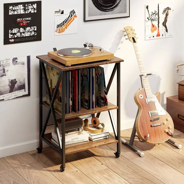 3-Tier Record Player Stand with Charging Station and Adjustable Shelf-Coffee Costway