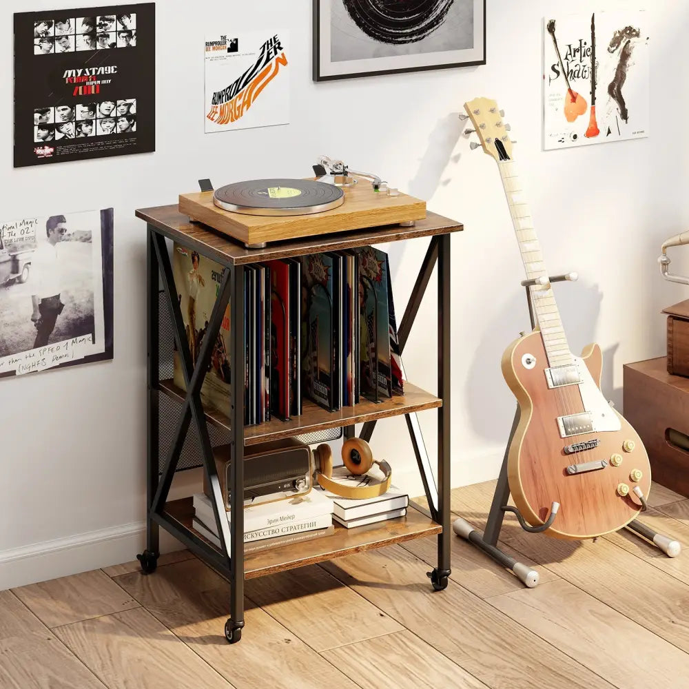 3-Tier Record Player Stand with Charging Station and Adjustable Shelf-Coffee Costway