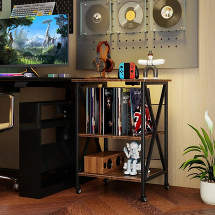 3-Tier Record Player Stand with Charging Station and Adjustable Shelf-Coffee Costway