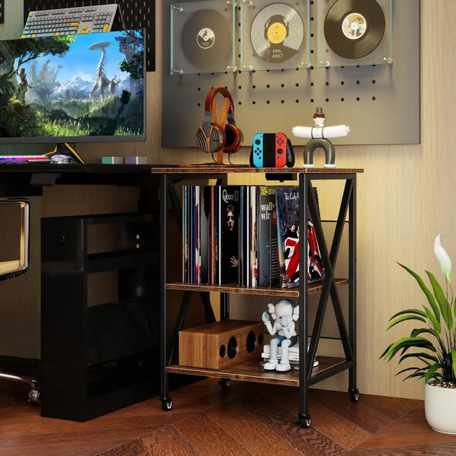 3-Tier Record Player Stand with Charging Station and Adjustable Shelf-Coffee Costway