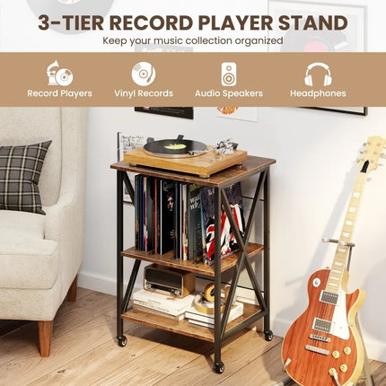 3-Tier Record Player Stand with Charging Station and Adjustable Shelf-Coffee Costway