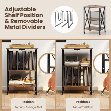 3-Tier Record Player Stand with Charging Station and Adjustable Shelf-Coffee Costway