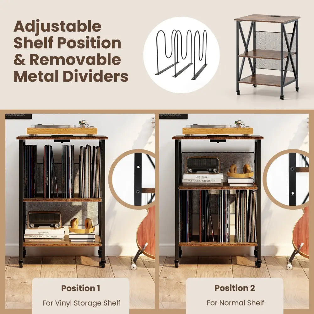 3-Tier Record Player Stand with Charging Station and Adjustable Shelf-Coffee Costway
