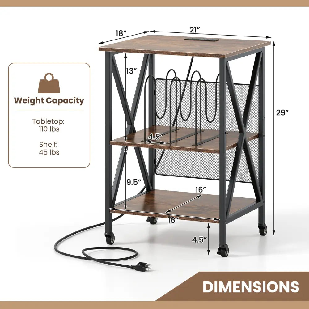 3-Tier Record Player Stand with Charging Station and Adjustable Shelf-Coffee Costway