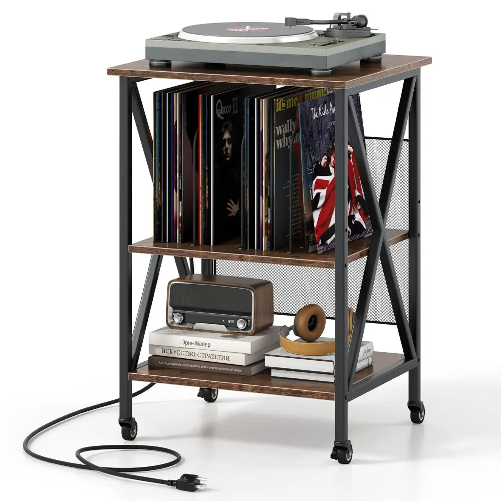 3-Tier Record Player Stand with Charging Station and Adjustable Shelf-Coffee - Coffee - Corner Desks