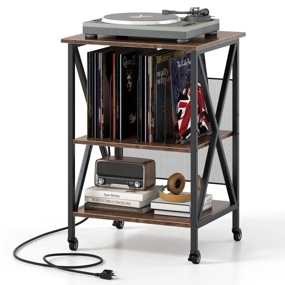 3-Tier Record Player Stand with Charging Station and Adjustable Shelf-Coffee Costway