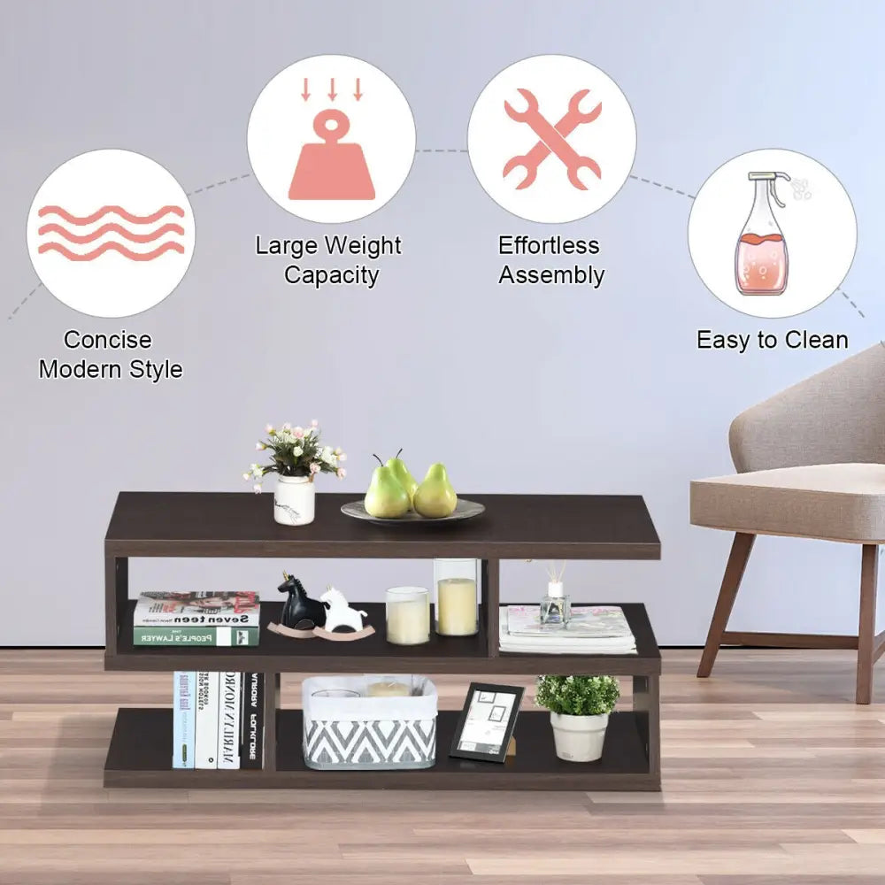 3-Tier Rectangular Modern Coffee Table with Storage Shelf - Brown - Coffee Tables