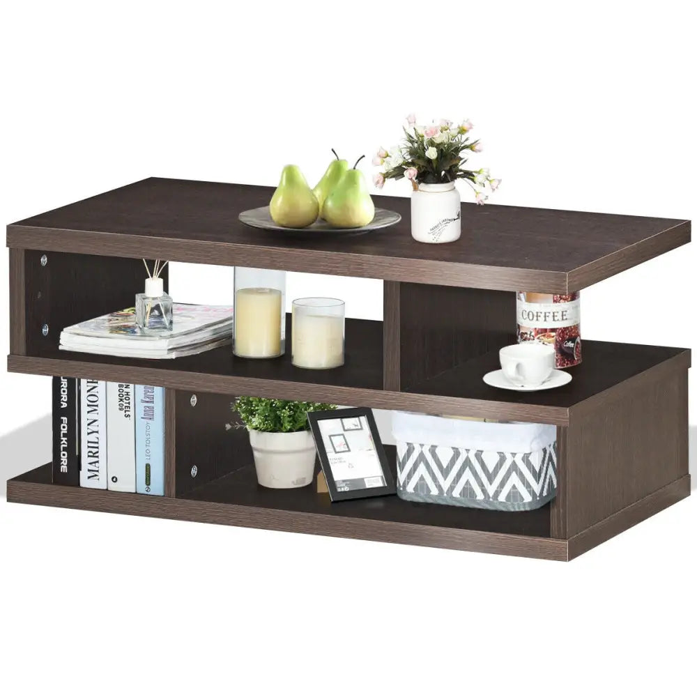 3-Tier Rectangular Modern Coffee Table with Storage Shelf - Brown - Coffee Tables