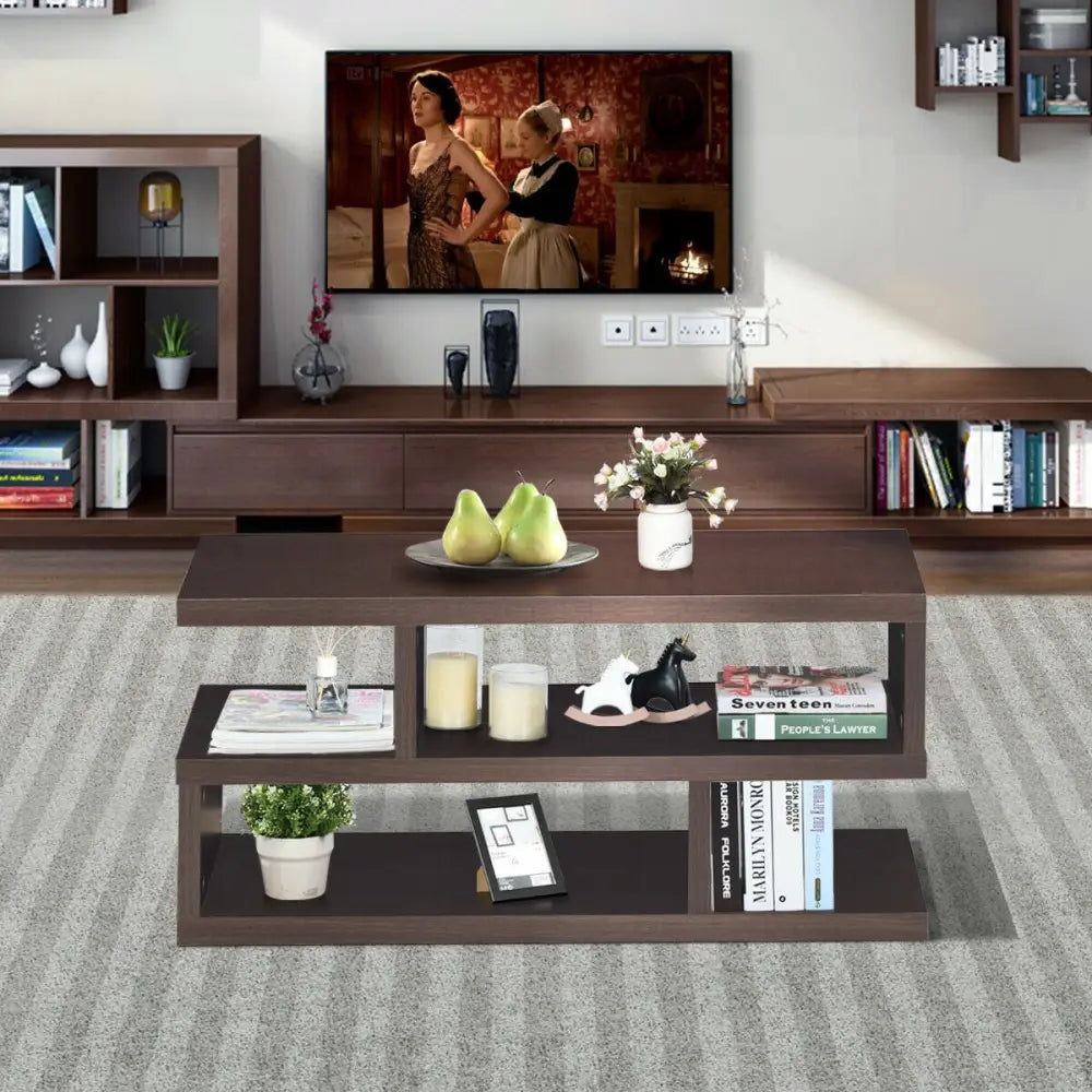 3-Tier Rectangular Modern Coffee Table with Storage Shelf - Brown - Coffee Tables