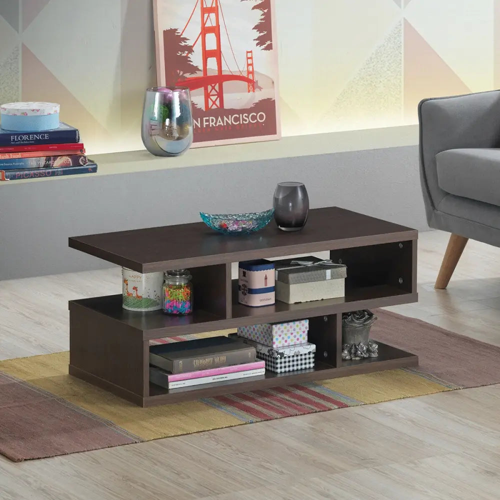 3-Tier Rectangular Modern Coffee Table with Storage Shelf - Brown - Coffee Tables