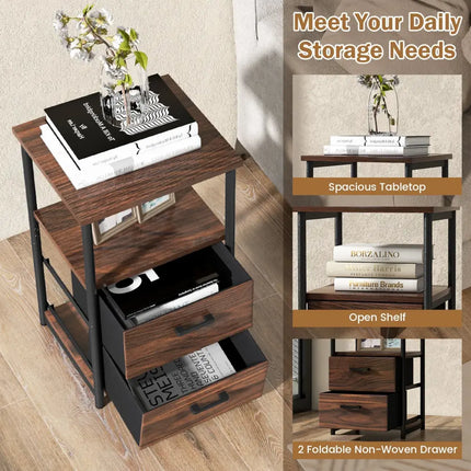 3-Tier Retro Nightstand with 2 Removable Fabric Drawers and Open Shelf-Walnut Costway