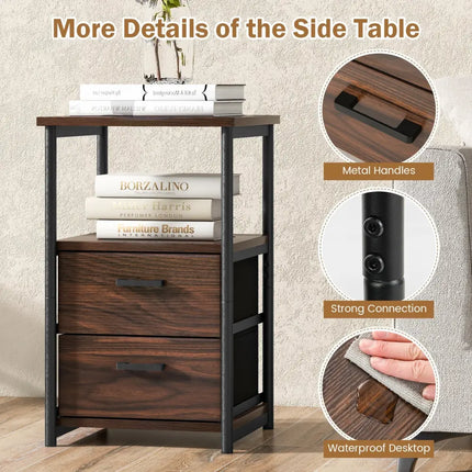 3-Tier Retro Nightstand with 2 Removable Fabric Drawers and Open Shelf-Walnut Costway