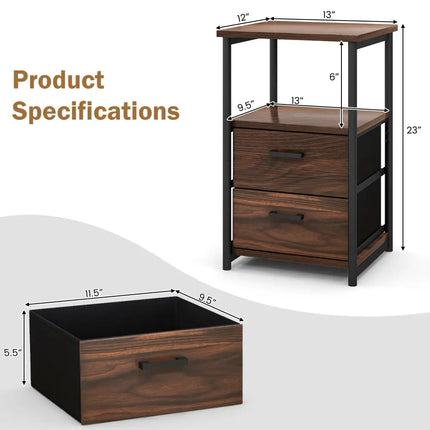 3-Tier Retro Nightstand with 2 Removable Fabric Drawers and Open Shelf-Walnut Costway