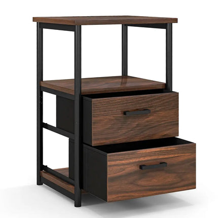 3-Tier Retro Nightstand with 2 Removable Fabric Drawers and Open Shelf-Walnut Costway