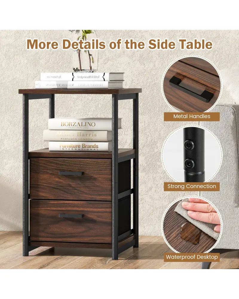 3-Tier Retro Nightstand with 2 Removable Fabric Drawers and Open Shelf-Walnut - Walnut - End & Side Tables