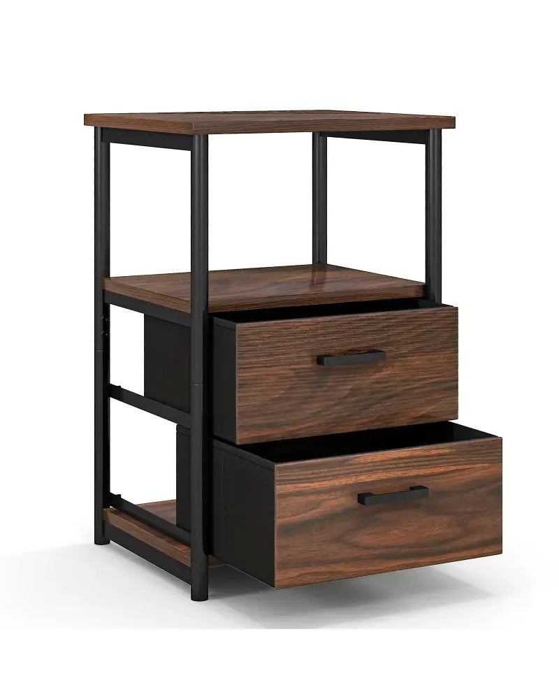 3-Tier Retro Nightstand with 2 Removable Fabric Drawers and Open Shelf-Walnut - Walnut - End & Side Tables