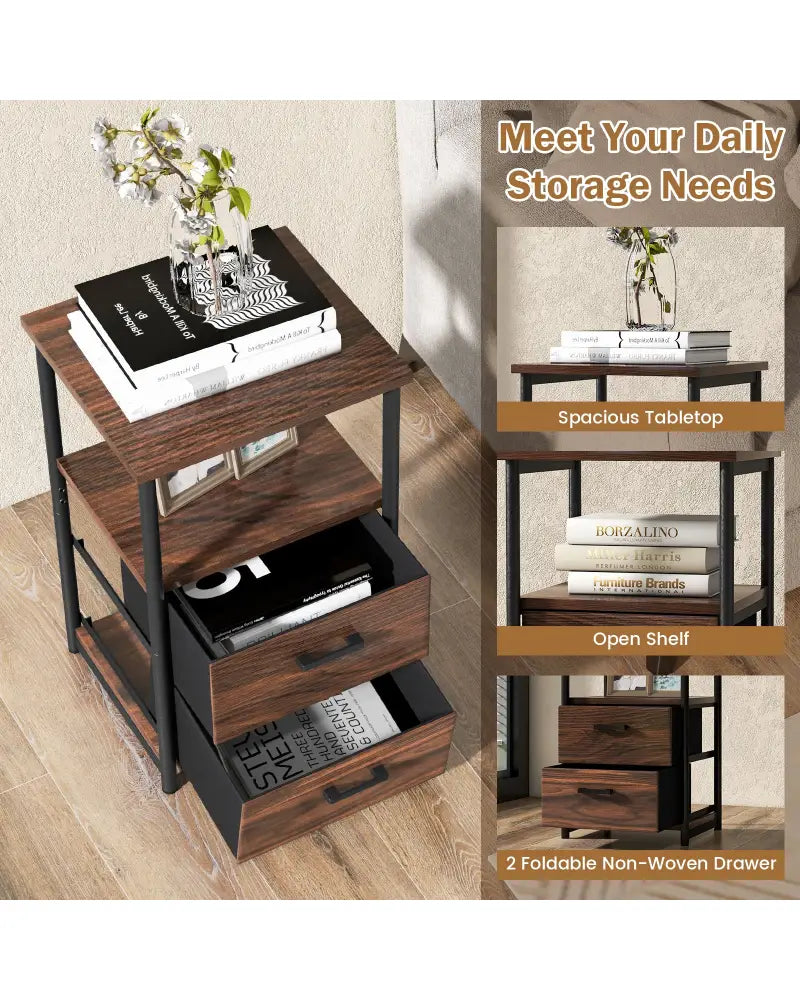 3-Tier Retro Nightstand with 2 Removable Fabric Drawers and Open Shelf-Walnut - Walnut - End & Side Tables