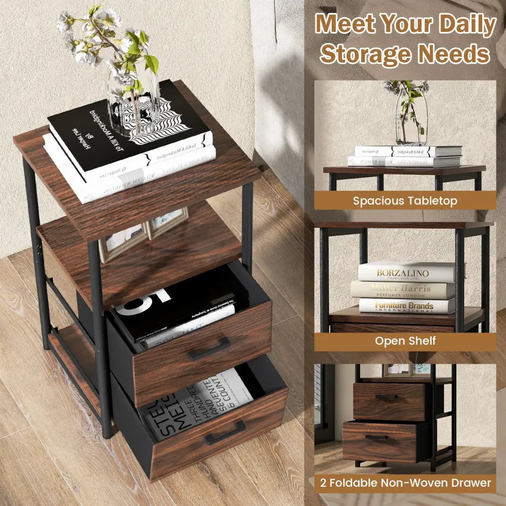 3-Tier Retro Nightstand with 2 Removable Fabric Drawers and Open Shelf-Walnut - Walnut - End & Side Tables