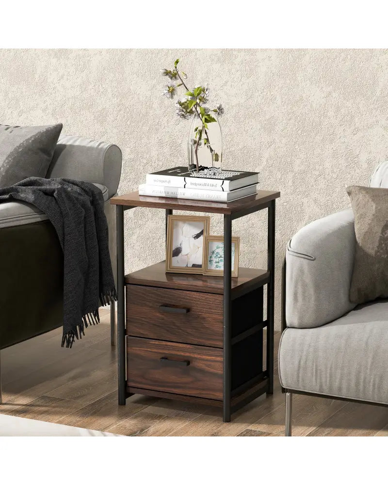 3-Tier Retro Nightstand with 2 Removable Fabric Drawers and Open Shelf-Walnut - Walnut - End & Side Tables