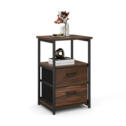 3-Tier Retro Nightstand with 2 Removable Fabric Drawers and Open Shelf-Walnut Costway