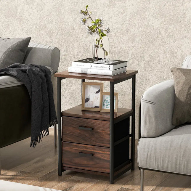 3-Tier Retro Nightstand with 2 Removable Fabric Drawers and Open Shelf-Walnut Costway