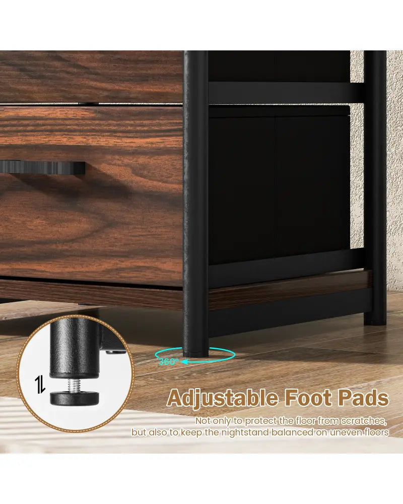 3-Tier Retro Nightstand with 2 Removable Fabric Drawers and Open Shelf-Walnut - Walnut - End & Side Tables