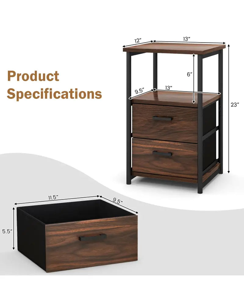 3-Tier Retro Nightstand with 2 Removable Fabric Drawers and Open Shelf-Walnut - Walnut - End & Side Tables