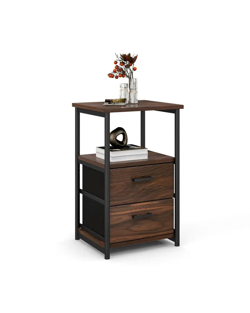 3-Tier Retro Nightstand with 2 Removable Fabric Drawers and Open Shelf-Walnut - Walnut - End & Side Tables