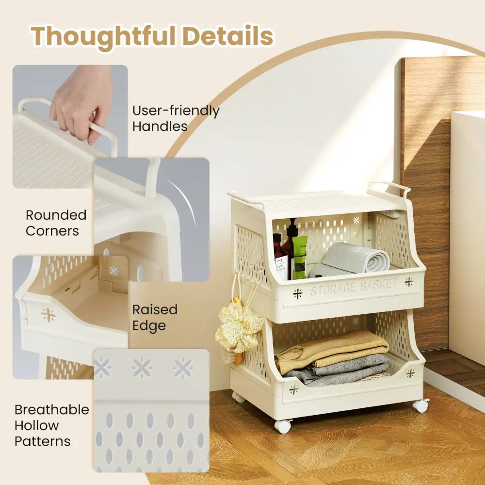3-Tier Rolling Laundry Basket with Wheels Plastic Storage Cart with Side Hooks - Beige - Laundry Baskets