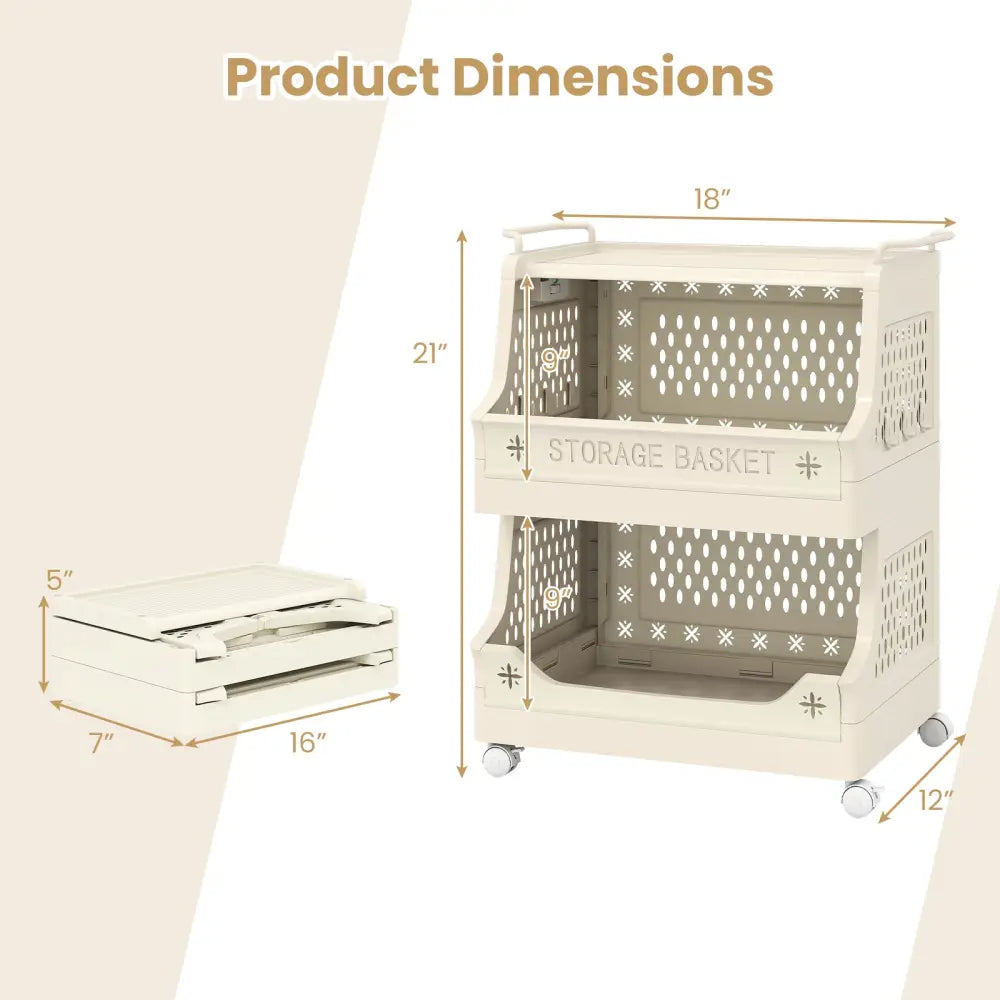 3-Tier Rolling Laundry Basket with Wheels Plastic Storage Cart with Side Hooks - Beige - Laundry Baskets