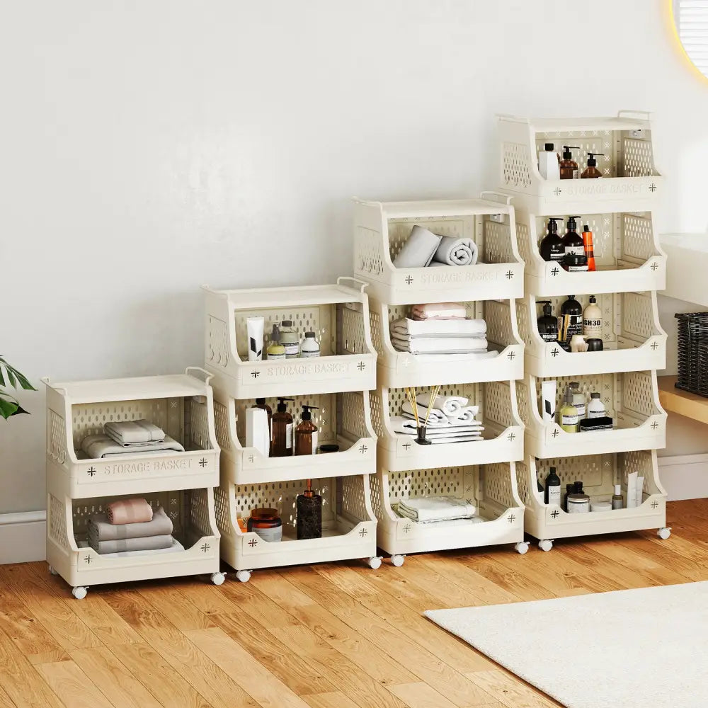 3-Tier Rolling Laundry Basket with Wheels Plastic Storage Cart with Side Hooks - Beige - Laundry Baskets