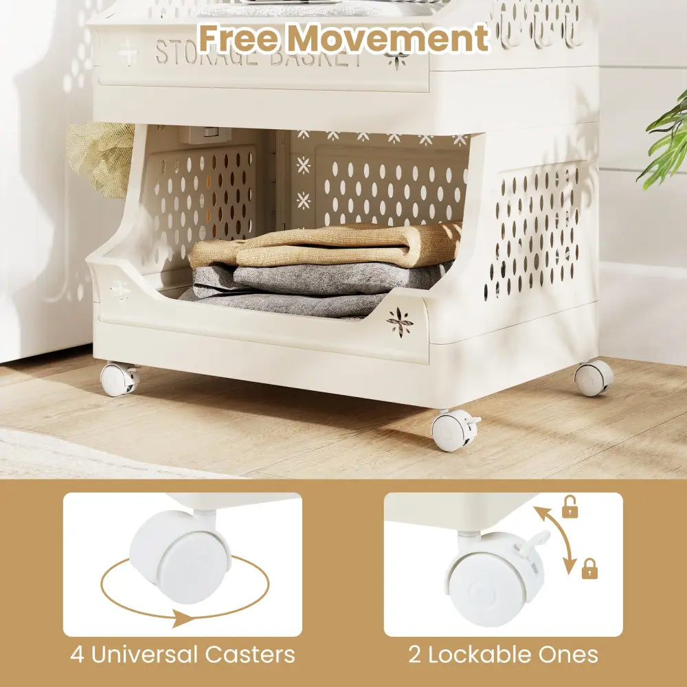 3-Tier Rolling Laundry Basket with Wheels Plastic Storage Cart with Side Hooks - Beige - Laundry Baskets