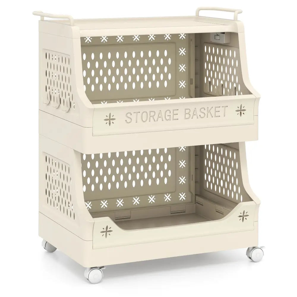3-Tier Rolling Laundry Basket with Wheels Plastic Storage Cart with Side Hooks - Beige - Laundry Baskets