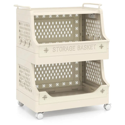 3-Tier Rolling Laundry Basket with Wheels Plastic Storage Cart with Side Hooks - Beige - Laundry Baskets
