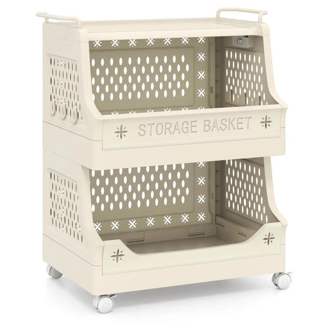 3-Tier Rolling Laundry Basket with Wheels Plastic Storage Cart with Side Hooks - Beige - Laundry Baskets