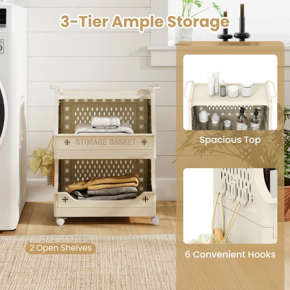 3-Tier Rolling Laundry Basket with Wheels Plastic Storage Cart with Side Hooks - Beige - Laundry Baskets