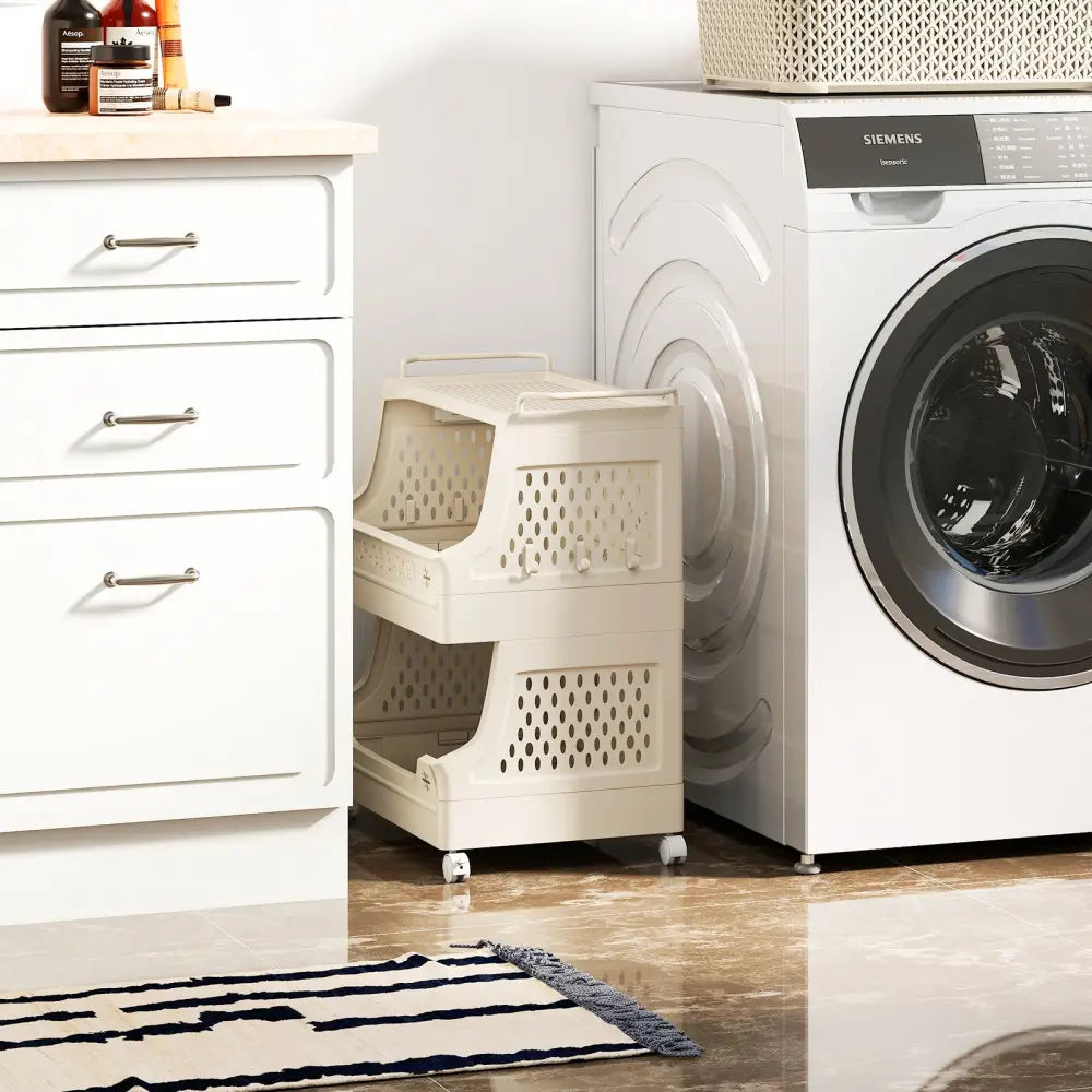 3-Tier Rolling Laundry Basket with Wheels Plastic Storage Cart with Side Hooks - Beige - Laundry Baskets