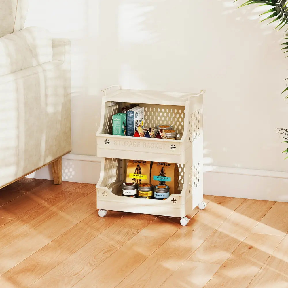 3-Tier Rolling Laundry Basket with Wheels Plastic Storage Cart with Side Hooks - Beige - Laundry Baskets