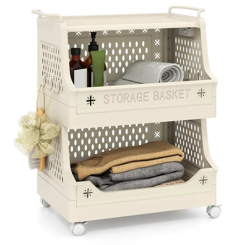 3-Tier Rolling Laundry Basket with Wheels Plastic Storage Cart with Side Hooks - Beige - Laundry Baskets