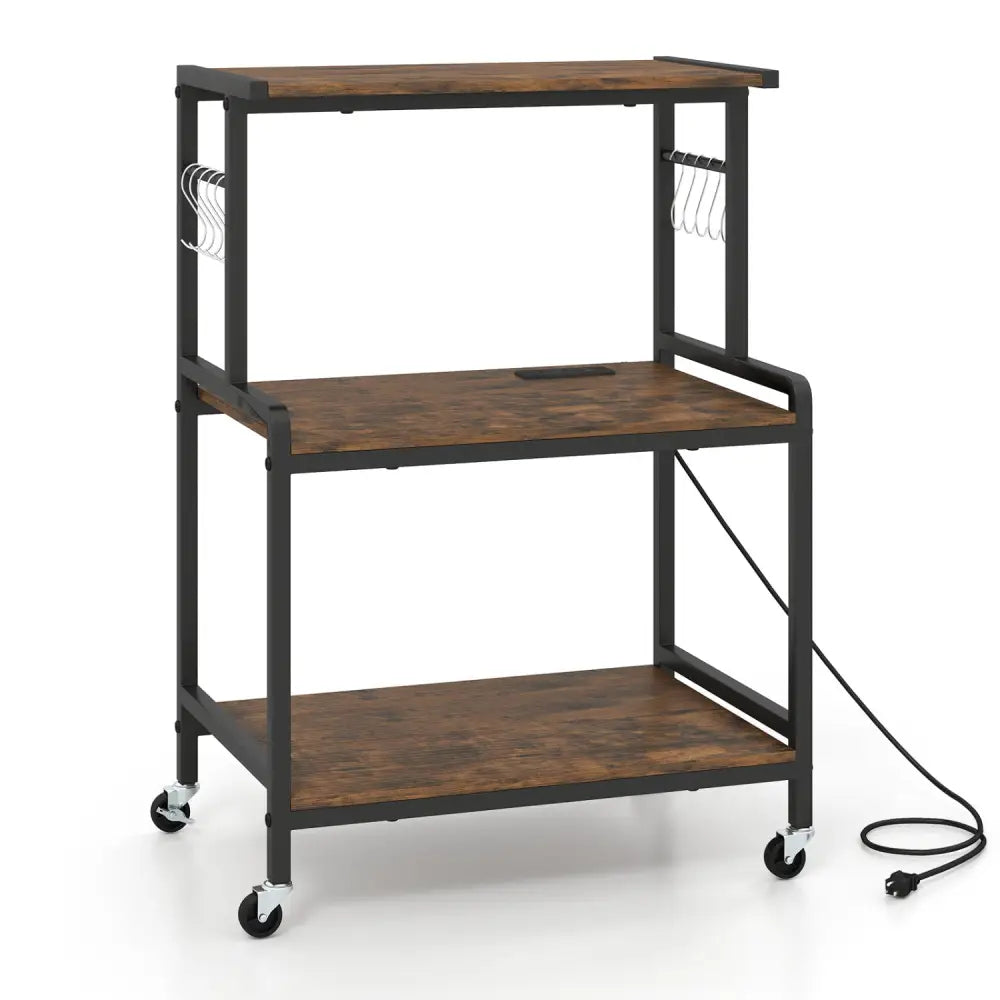 3-Tier Rolling Microwave Cart with Power Outlet and Lockable Wheels and 10 Hooks-Rustic Brown - Rustic Brown - Kitchen