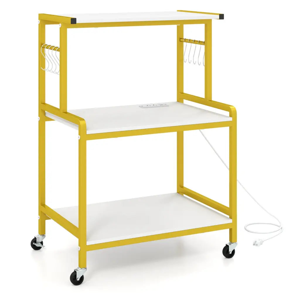 3-Tier Rolling Microwave Cart with Power Outlet and Lockable Wheels and 10 Hooks-White - White & Golden - Kitchen