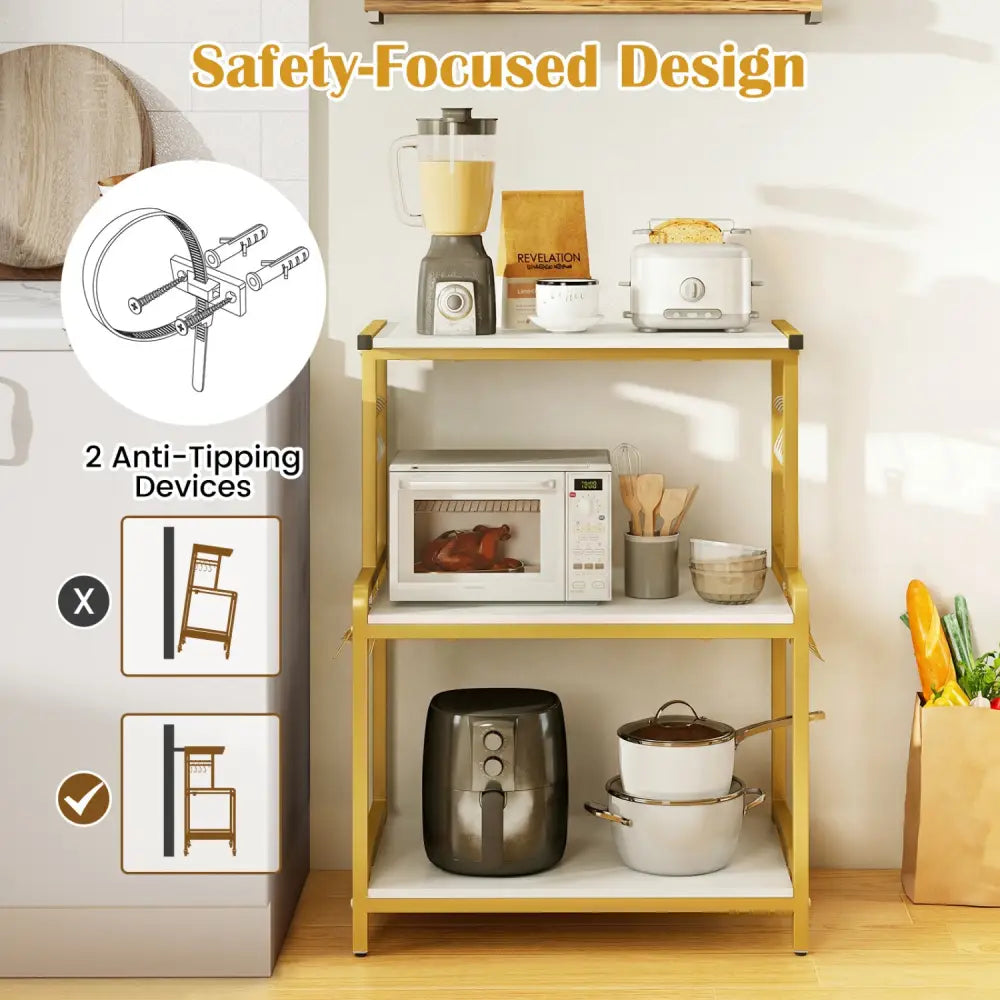 3-Tier Rolling Microwave Cart with Power Outlet and Lockable Wheels and 10 Hooks-White - White & Golden - Kitchen