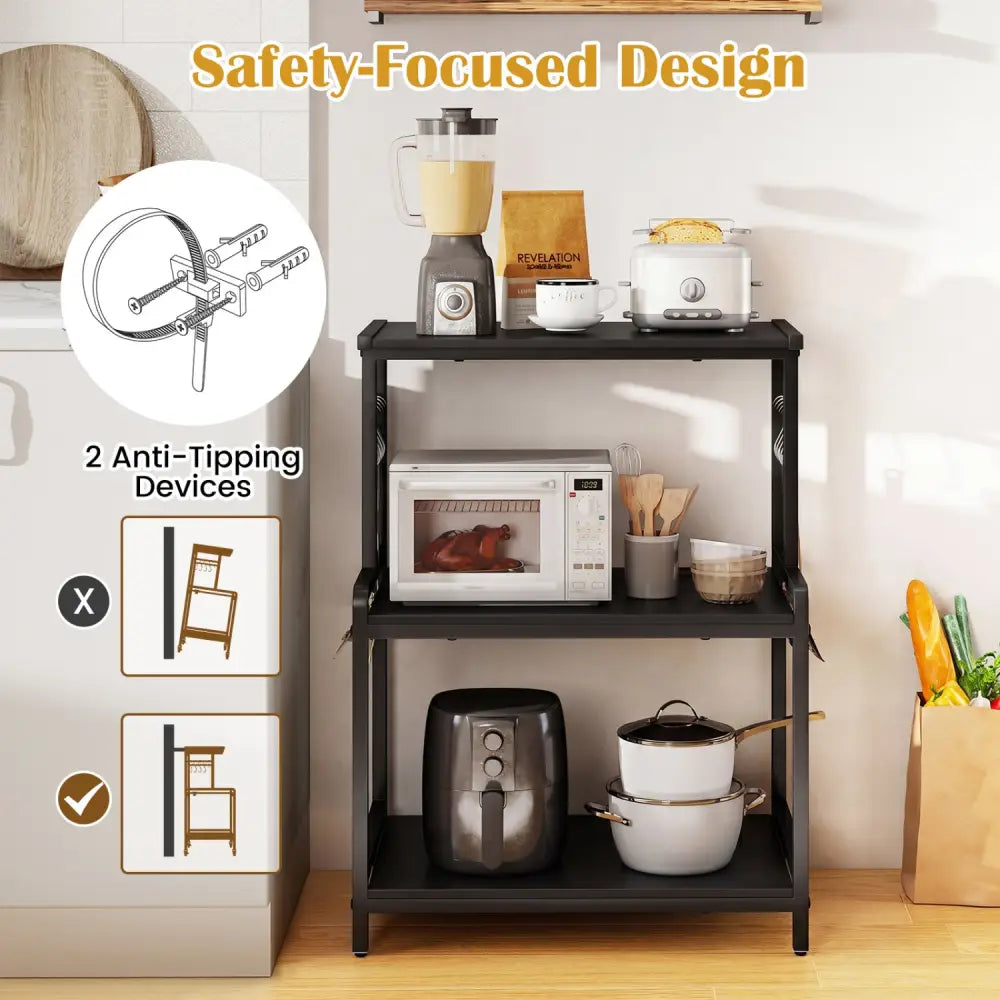 3-Tier Rolling Microwave Cart with Power Outlet and Lockable Wheels and 10 Hooks-Black - Black - Kitchen Islands & Carts