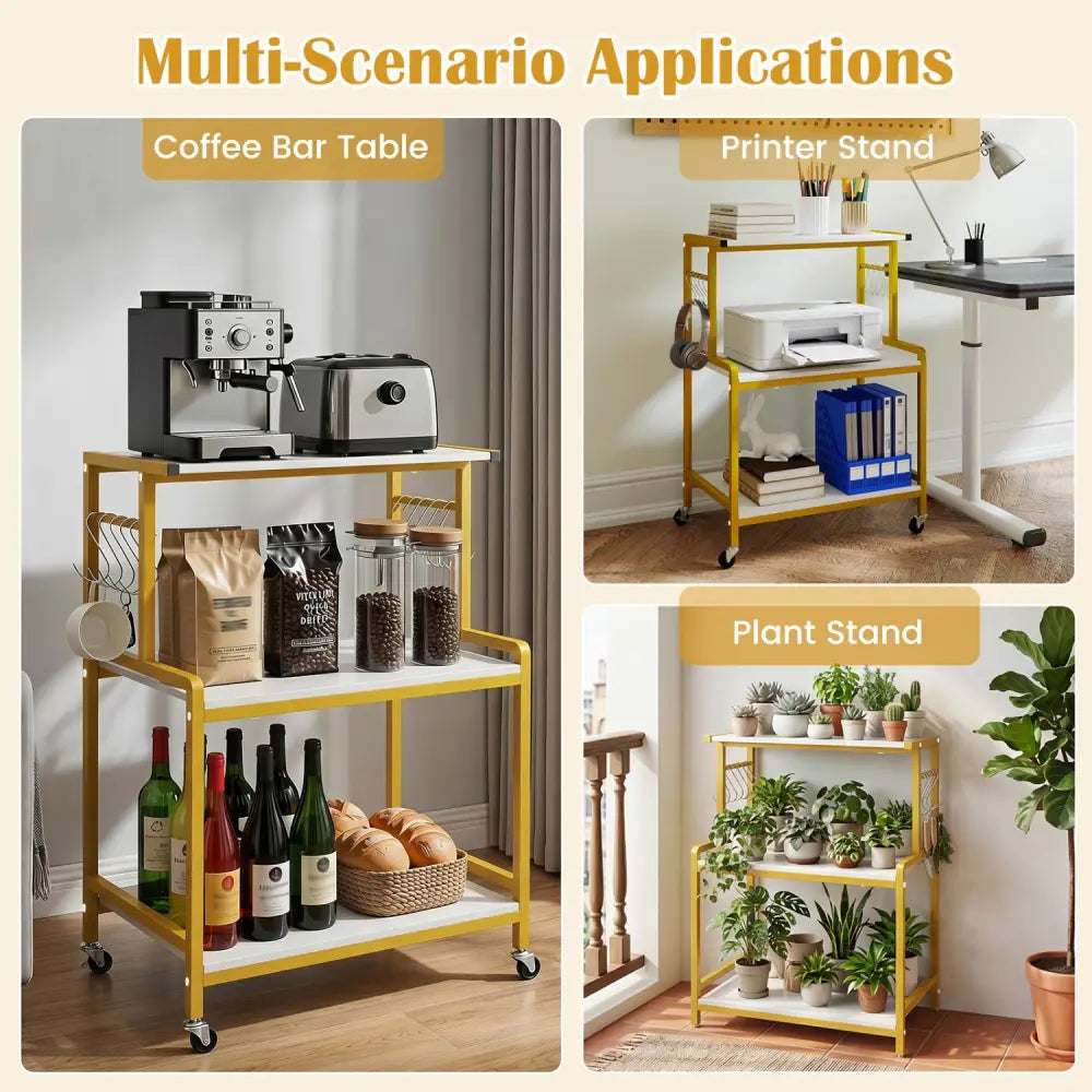 3-Tier Rolling Microwave Cart with Power Outlet and Lockable Wheels and 10 Hooks-White - White & Golden - Kitchen