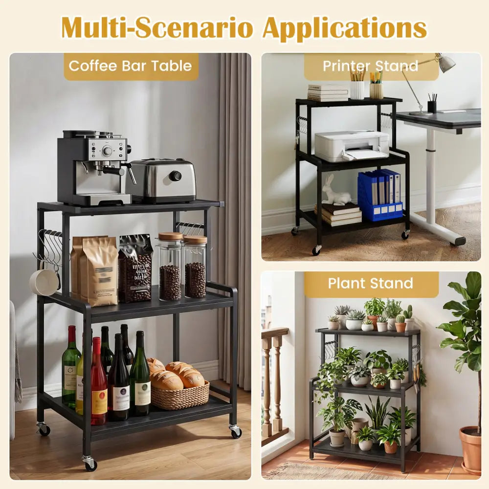 3-Tier Rolling Microwave Cart with Power Outlet and Lockable Wheels and 10 Hooks-Black - Black - Kitchen Islands & Carts