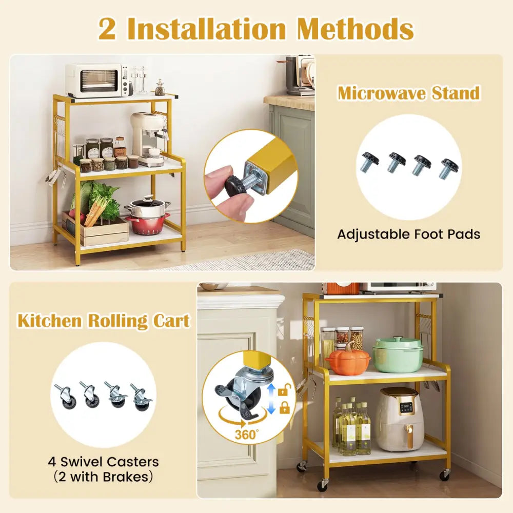 3-Tier Rolling Microwave Cart with Power Outlet and Lockable Wheels and 10 Hooks-White - White & Golden - Kitchen
