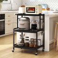 3-Tier Rolling Microwave Cart with Power Outlet and Lockable Wheels and 10 Hooks-Black - Black - Kitchen Islands & Carts